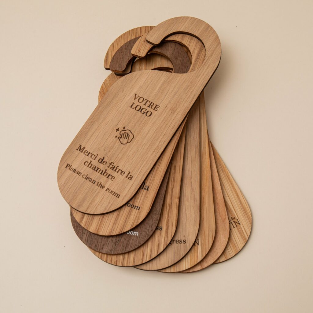 Ecological wooden door hangers for hotel rooms